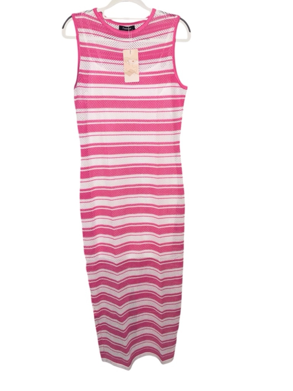 Sleeveless, Pink & White Striped, Midi, Crewneck Dress